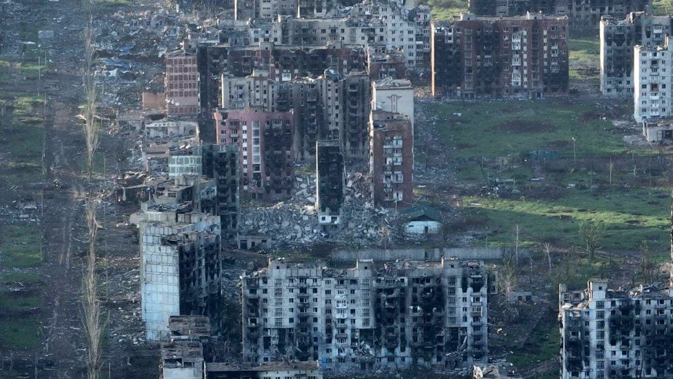 aerial view, destruction in the city of Bakhmut