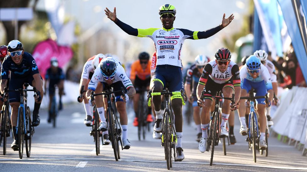 Eritrean cyclist Biniam Girmay Hailu celebrates as he crosses the finishing line in Mallorca, Spain - Thursday 27 January 2022