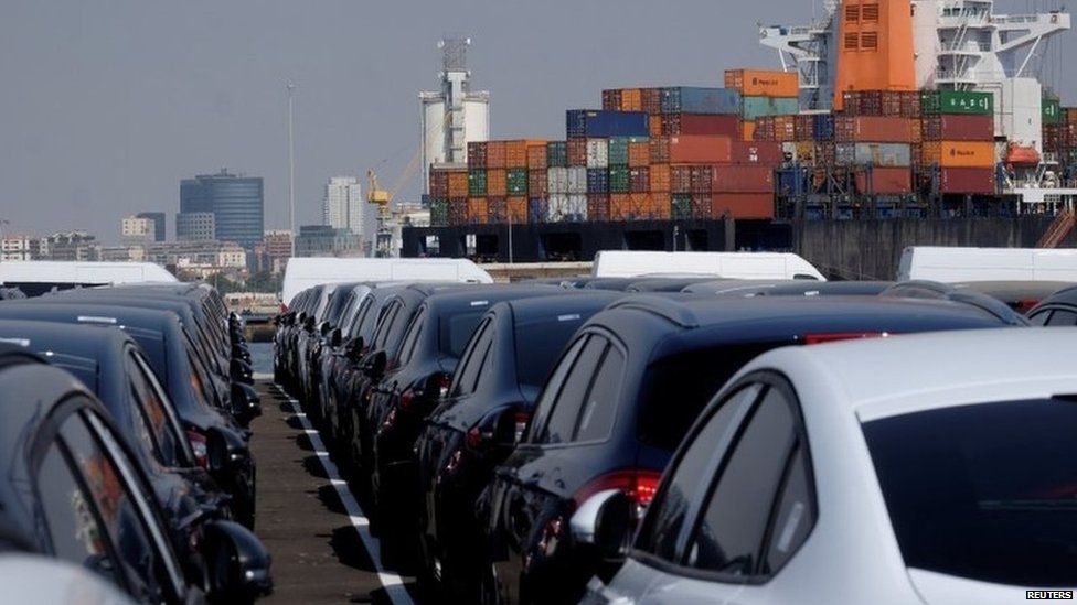 Cars waiting to board a ship for export in the Spanish port of Valencia