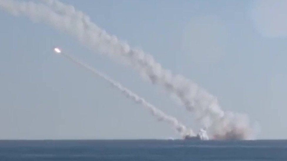 A still purportedly showing missiles being fired from a Russian submarine in the Mediterranean
