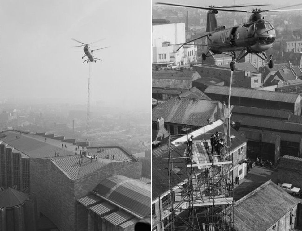 Two views of helicopter lowering spire on to cathedral