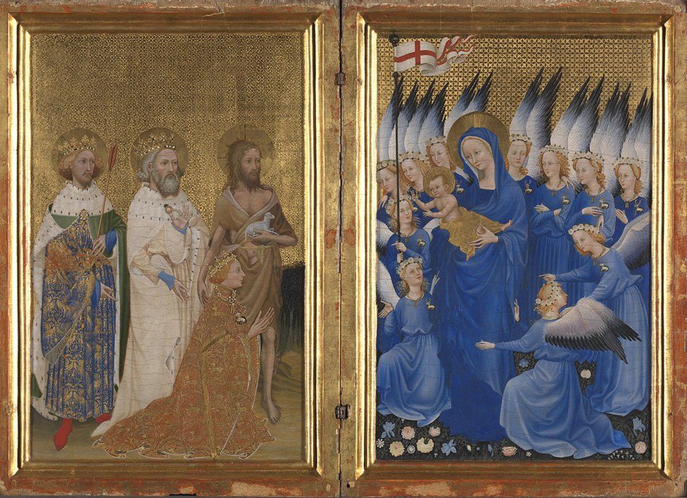 Richard II presented to the Virgin and Child by his Patron Saint John the Baptist and Saints Edward and Edmund ('The Wilton Diptych') (about 1395-9) is the second work going on loan for the first time