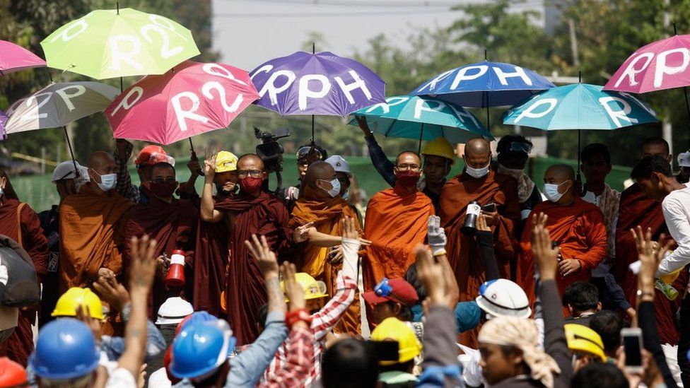 Monks take part in a demonstration against the military coup in Yangon on March 11, 2021