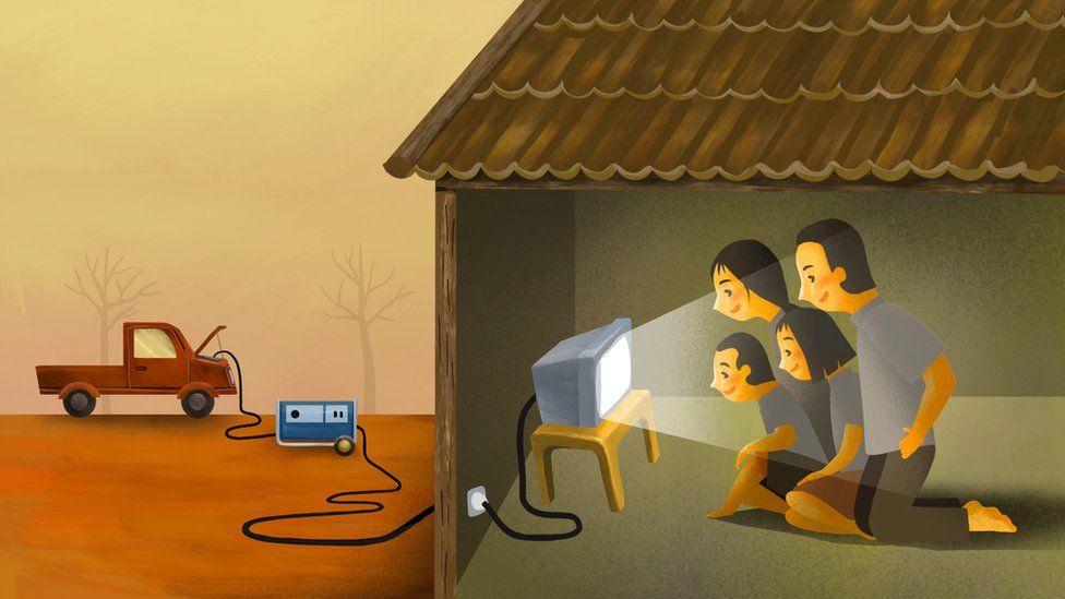 Illustration of family watching TV powered by a car battery