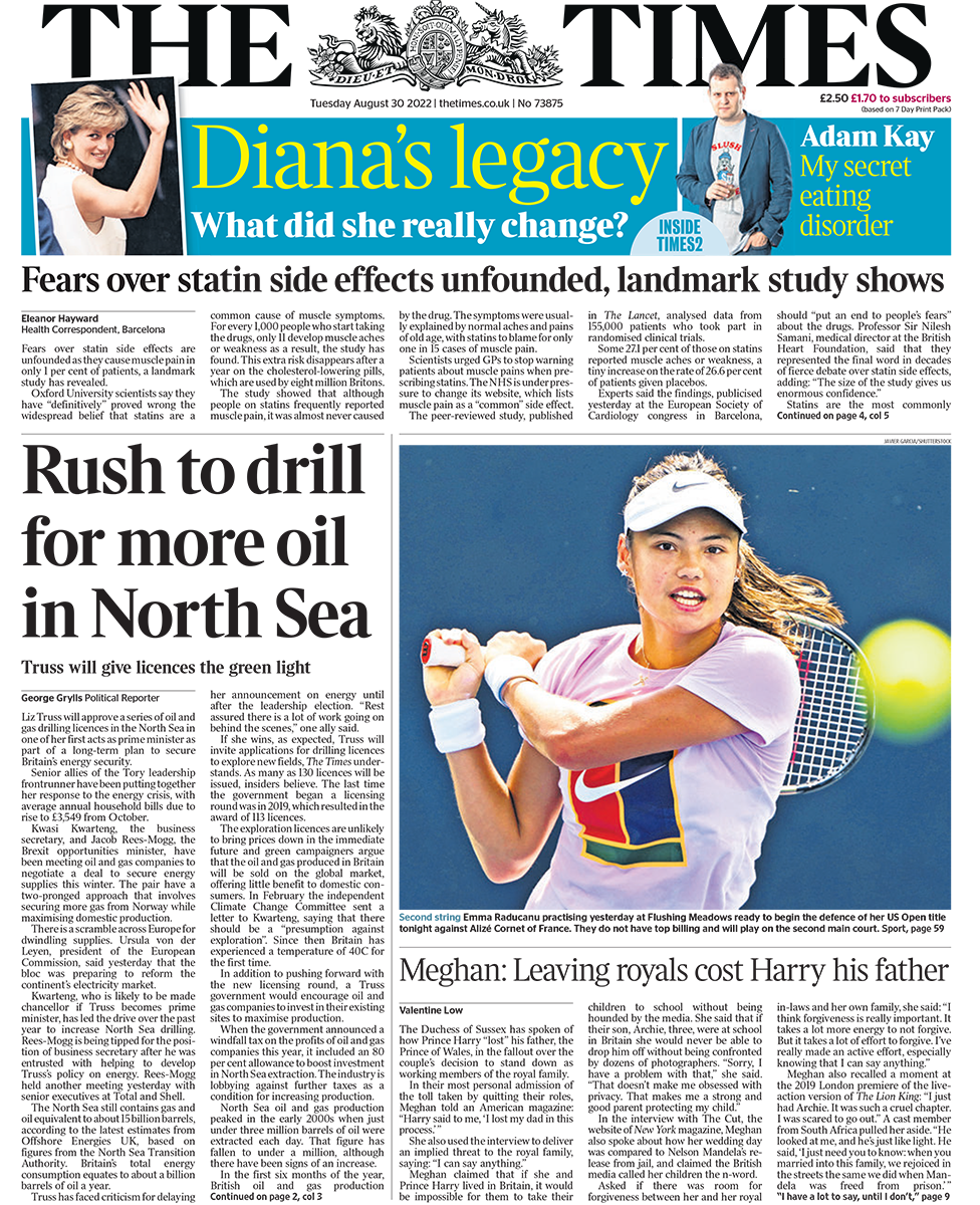 The headline in the Times reads 'Rush to drill for more oil in North Sea'