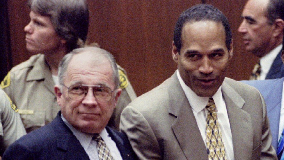 F Lee Bailey with OJ Simpson at his acquittal, October 1995