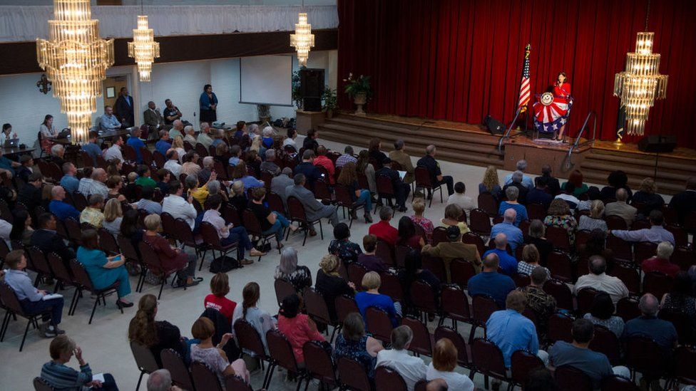 Elaine Luria speaks at a town hall at New Hope Baptist Church in Virginia Beach