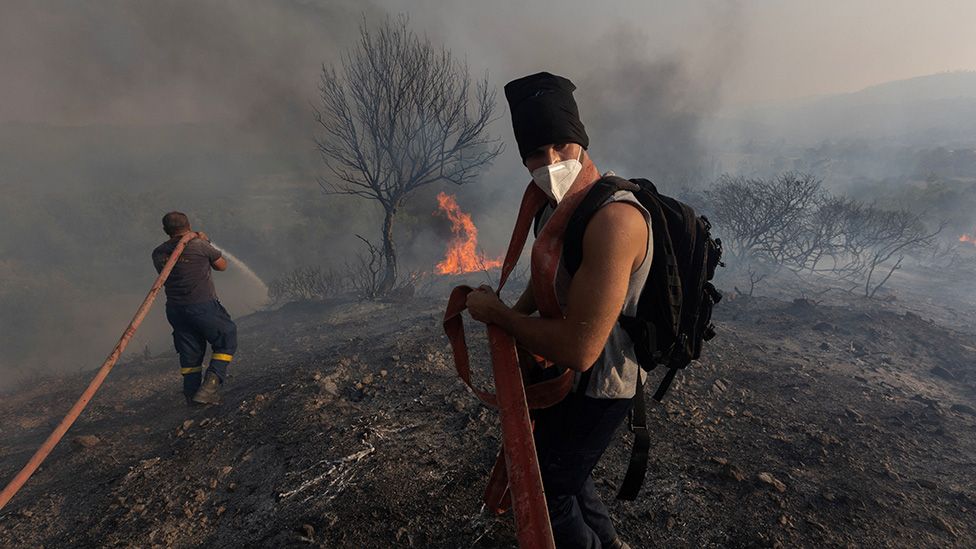 Wildfire burning near the village of Asklipieio, on the island of Rhodes