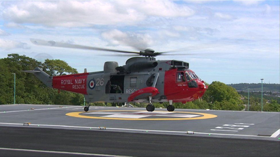 A Sea King helicopter landing at the Derriford Hospital landing site when it opened in 2015