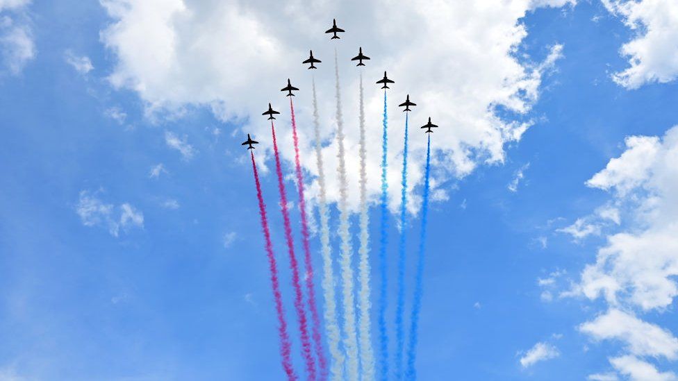 Red Arrows flypast during Queen Elizabeth's Platinum Jubilee celebrations on 2 June, 2022