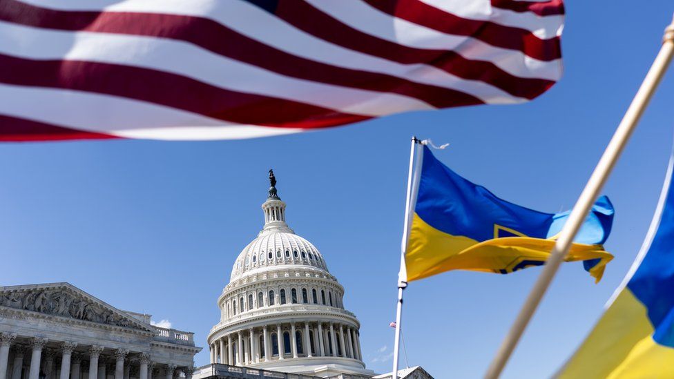 American and Ukrainian flags fly near the U.S. Capitol on April 20, 2024 in Washington, DC. The House is passed a $95 billion foreign aid package today for Ukraine, Israel and Taiwan.