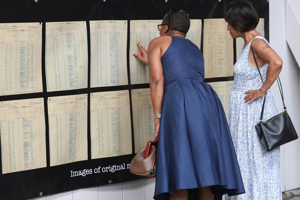 Visitors view images of the original passenger list at the exhibition space alongside the dock of Port of Tilbury