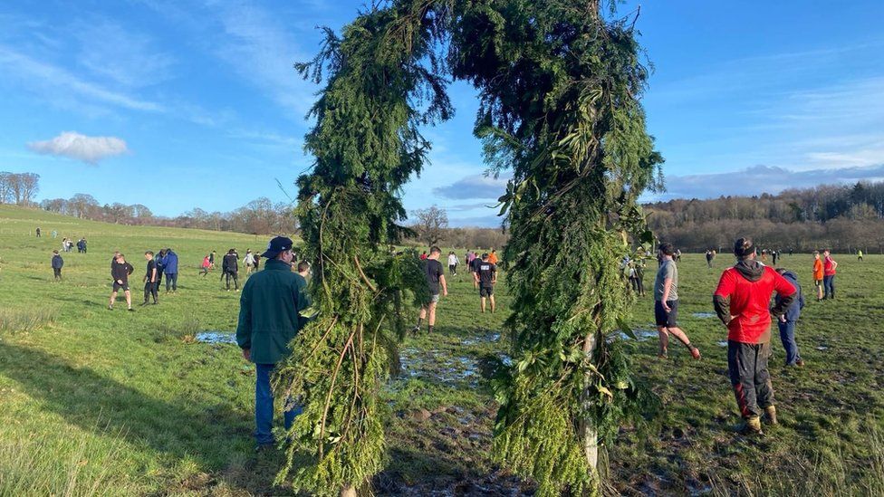 People taking part in Alnwick Shrovetide game on Tuesday