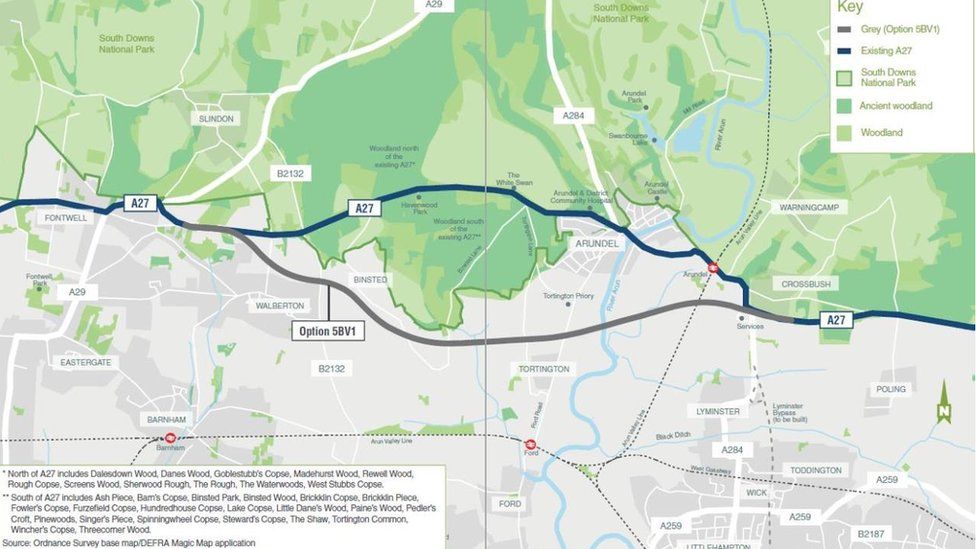 Proposed route of the A27 Arundel bypass to avoid the South Downs national park