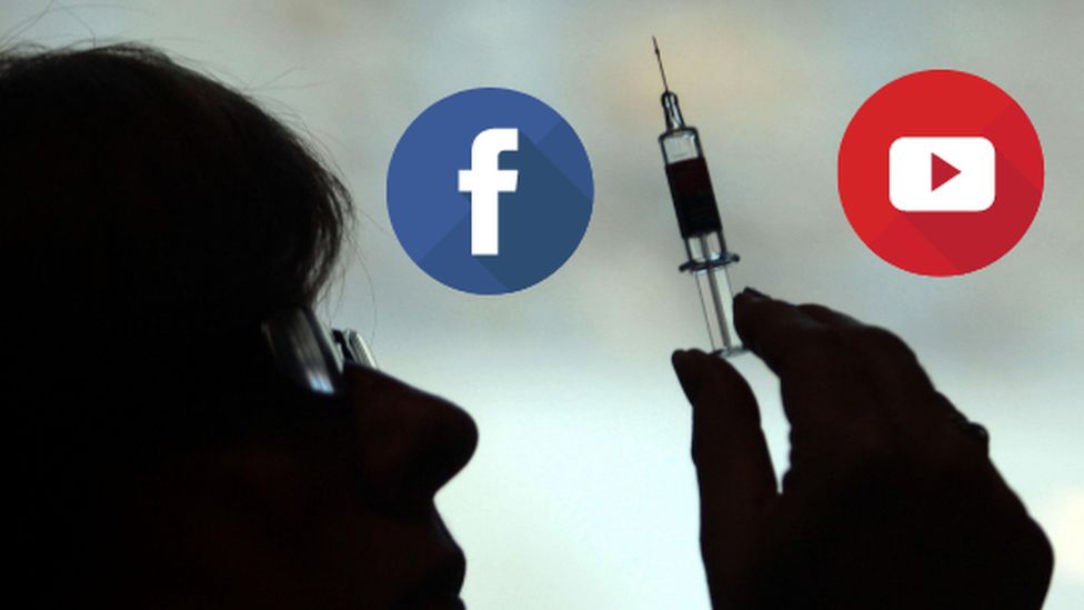 Woman holds up syringe. Two logos of Facebook and Youtube