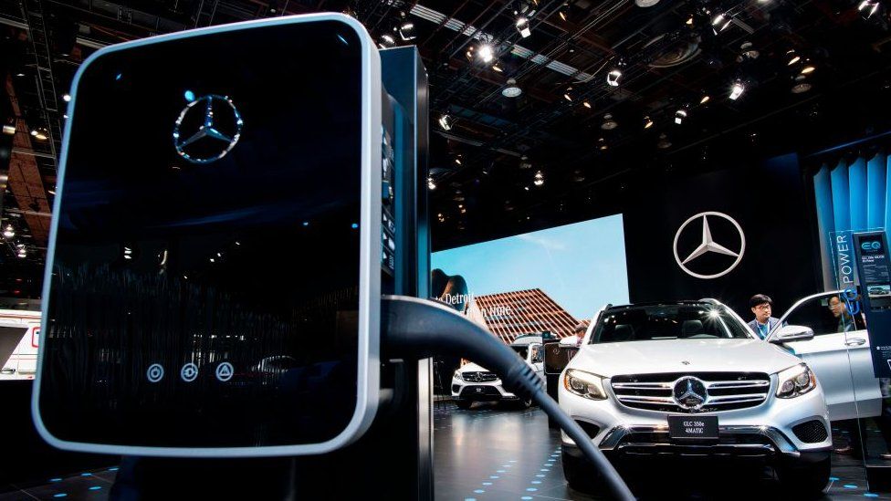 An electric charging station is pictured at the Mercedes-Benz booth during the 2018 North American International Auto Show (NAIAS) in Detroit, Michigan, on January 15, 2018