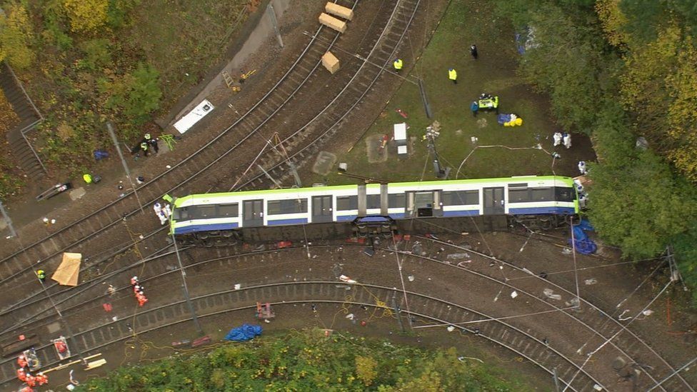 Tram 2551 on its side having derailed in the fatal Croydon crash