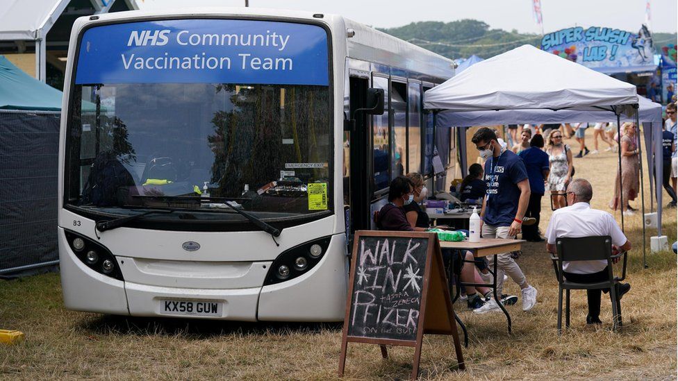 A Covid-19 vaccination bus at Latitude festival in Henham Park, Southwold, Suffolk