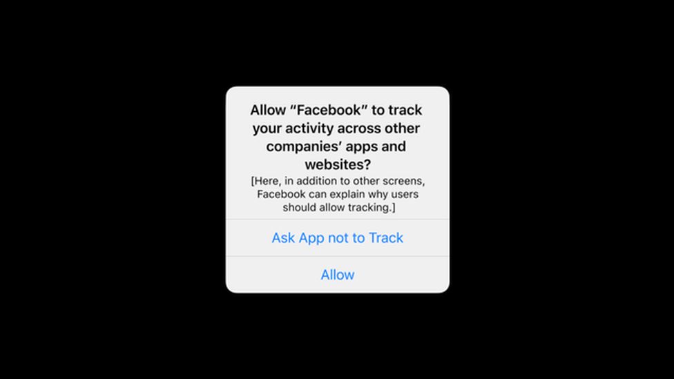 A screenshot showing an iOS message asking users to verify that they permit Facebook to track their data when using apps owned by the firm