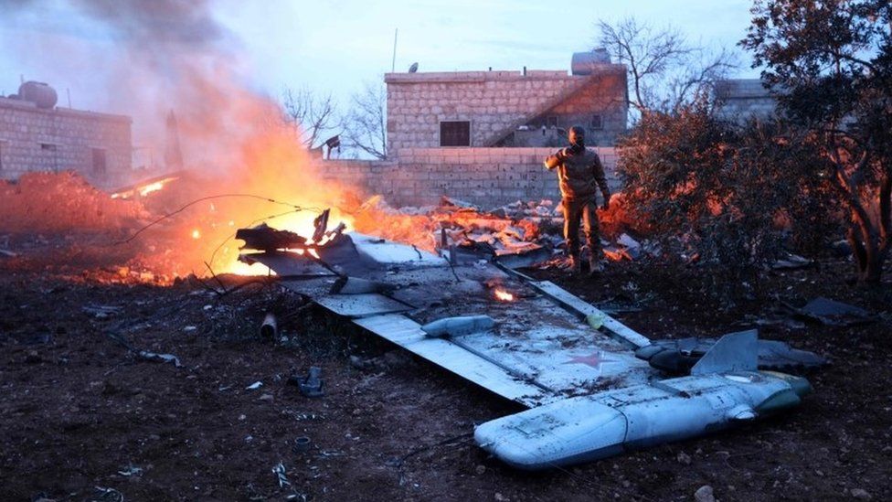 Images said to show the wreckage of the Sukhoi-25
