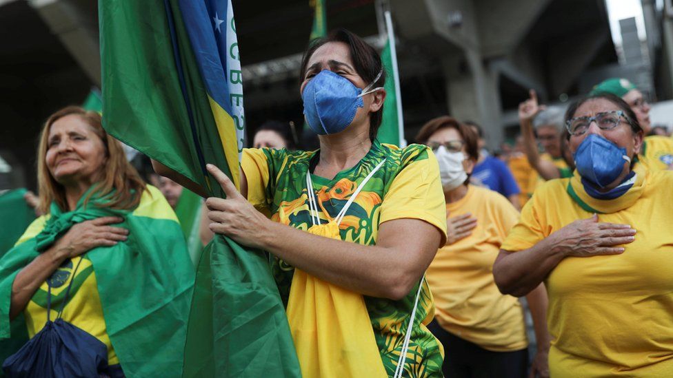 Supporters of Brazilian President Jair Bolsonaro participate in a demonstration in Sao Paulo on 15 March