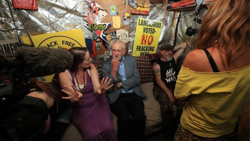 Jeremy Corbyn speaks to anti-fracking protestors inside a hut at the Preston New Road shale gas exploration site in Lancashire.