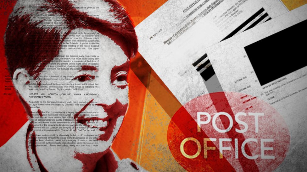 Artistic image showing Paula Vennells and redacted documents