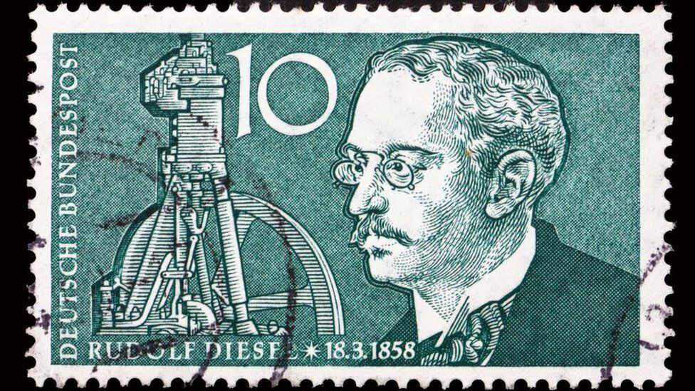 A German stamp showing Rudolph Diesel and his engine