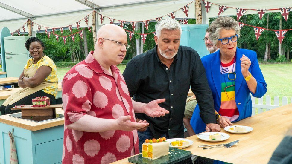 Matt Lucas with Paul Hollywood, Prue Leith and contestants Hermine and Marc
