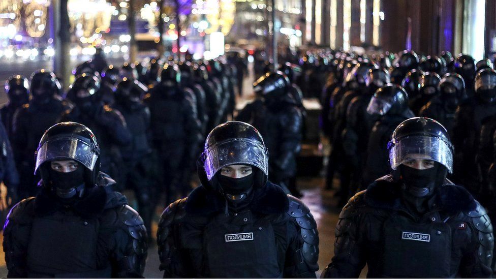 Riot police during an unauthorized rally in support of Alexei Navalny in central Moscow