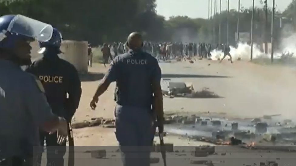 Armed police at protest in North West province, South Africa on 20 April 2018.