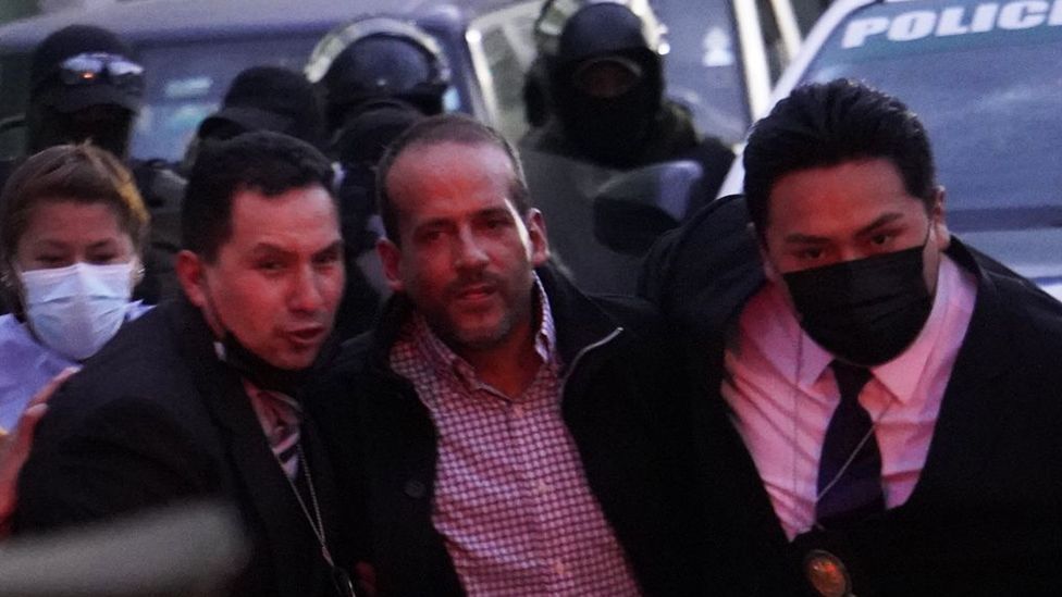 Luis Fernando Camacho enters the offices of the Special Force to Fight Against Crime (Felcc) in La Paz, Bolivia