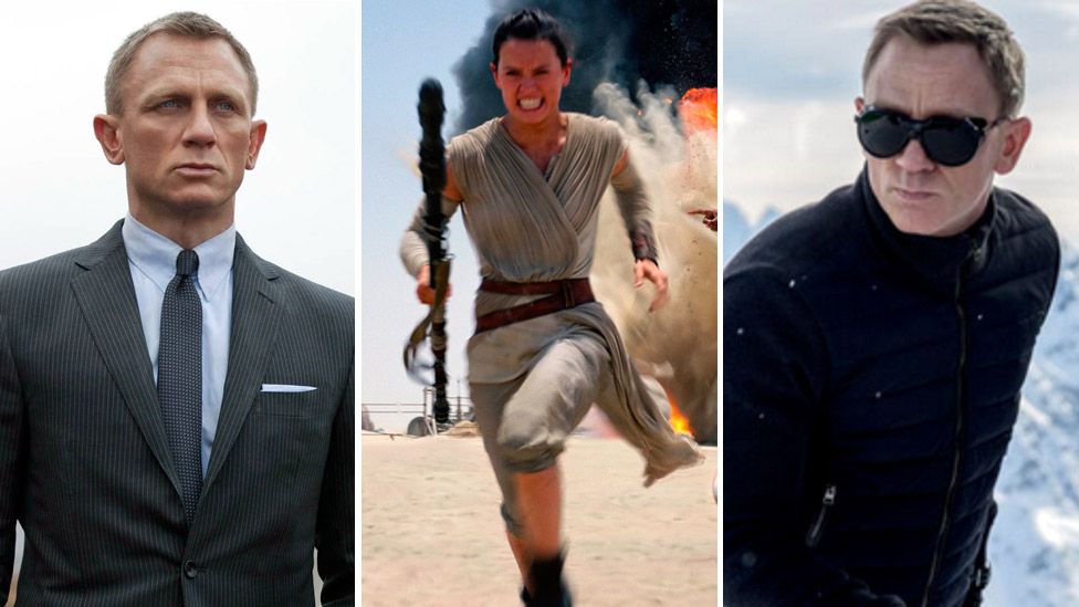 Daniel Craig in Skyfall (left) and Spectre (right), and Daisy Ridley in Star Wars: The Force Awakens