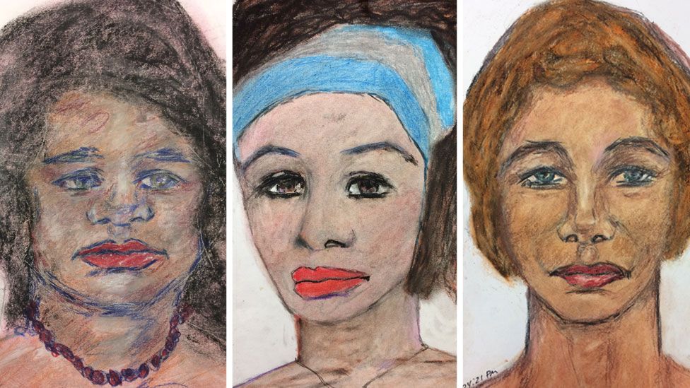 Portraits by Samuel Little of three of his victims