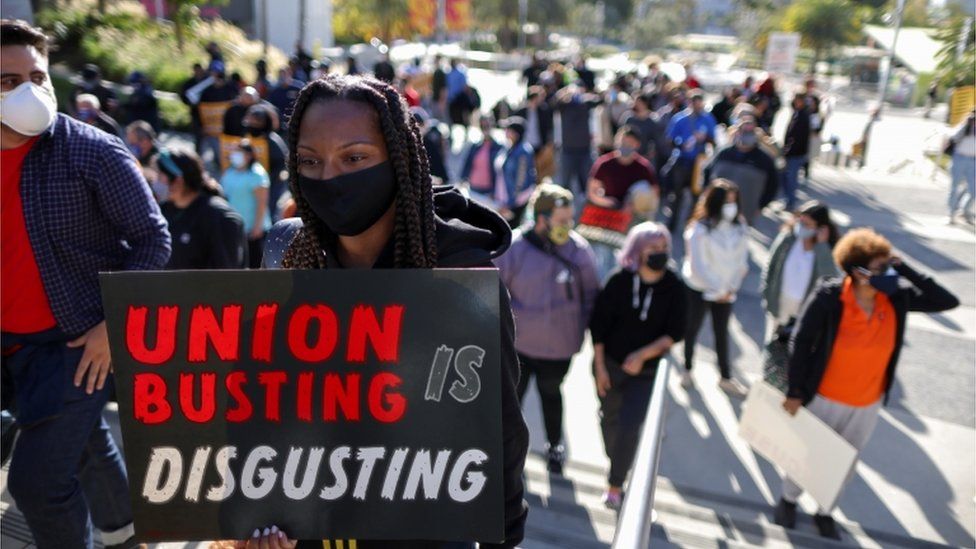 People protest in support of the unionizing efforts of the Alabama Amazon workers, in Los Angeles, California, U.S., March 22, 2021.