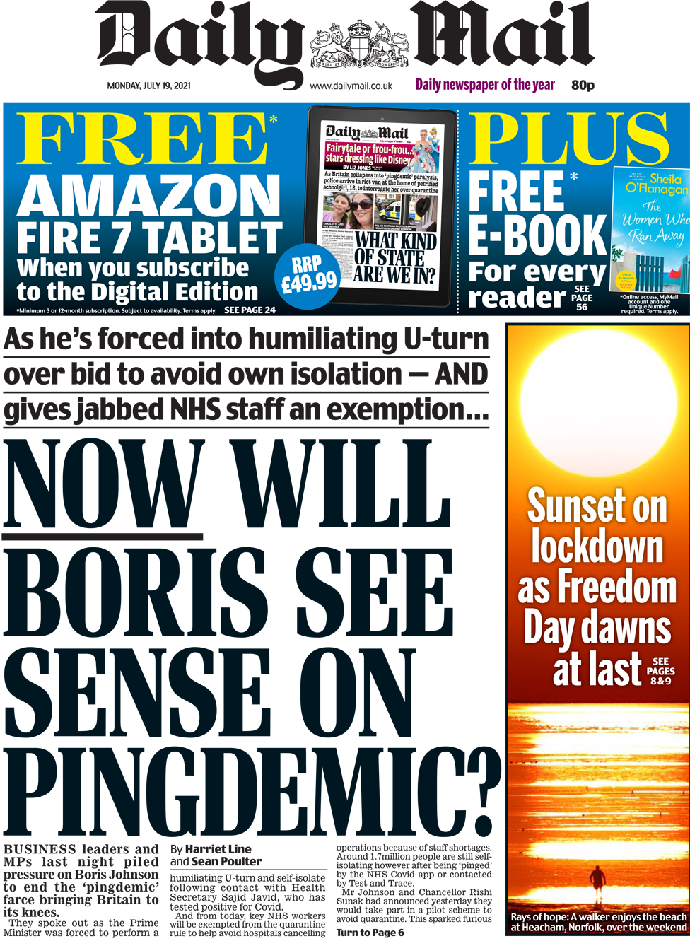 The Daily Mail front page 19 July 2021