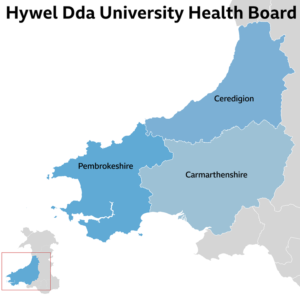 A map showing the Hywel Dda health board map