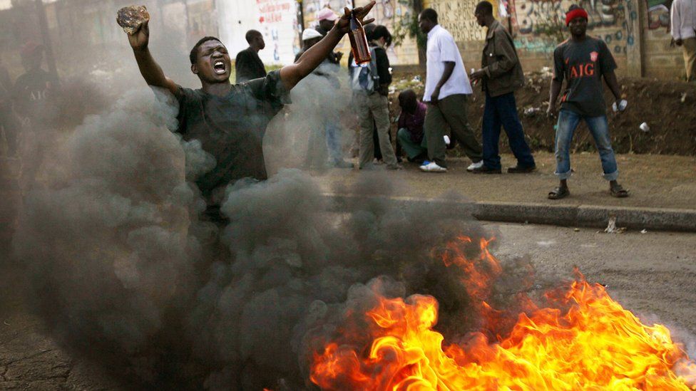 A Kenyan man demonstrates in the Kibera slums on January 17, 2008 in Nairobi, Kenya.