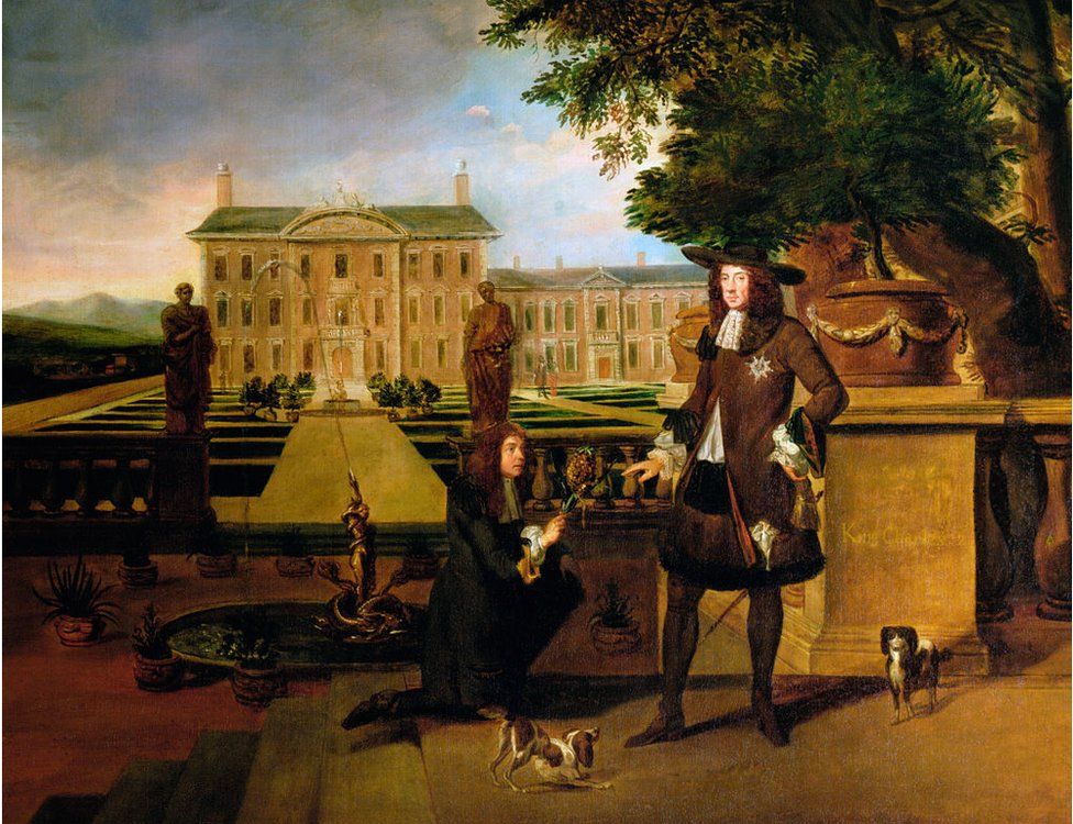 John Rose, the King's Gardener, presenting Charles II with a pineapple, 17th century. The fruit was supposedly the first grown in England, at Dorney Court in Berkshire.