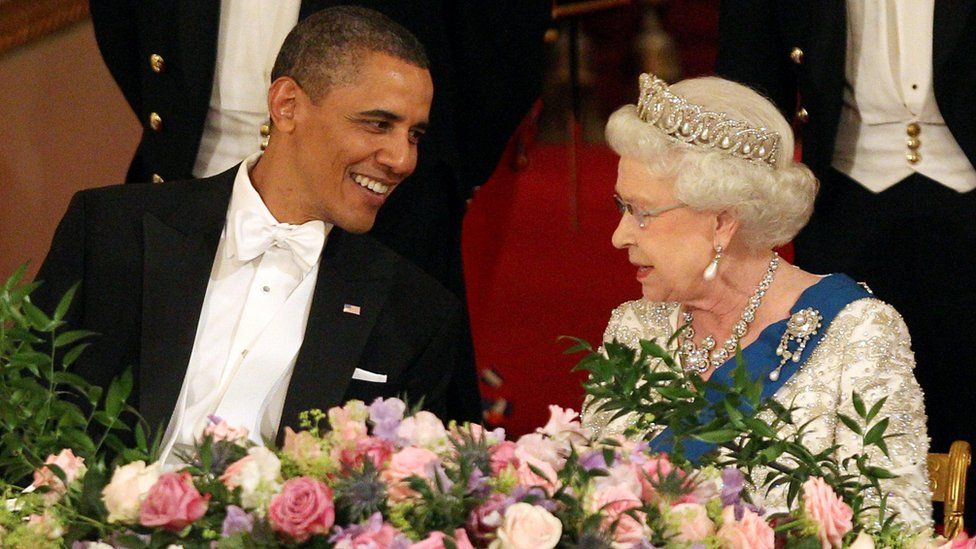 Queen Elizabeth II and US President Barack Obama during a State Banquet in Buckingham Palace