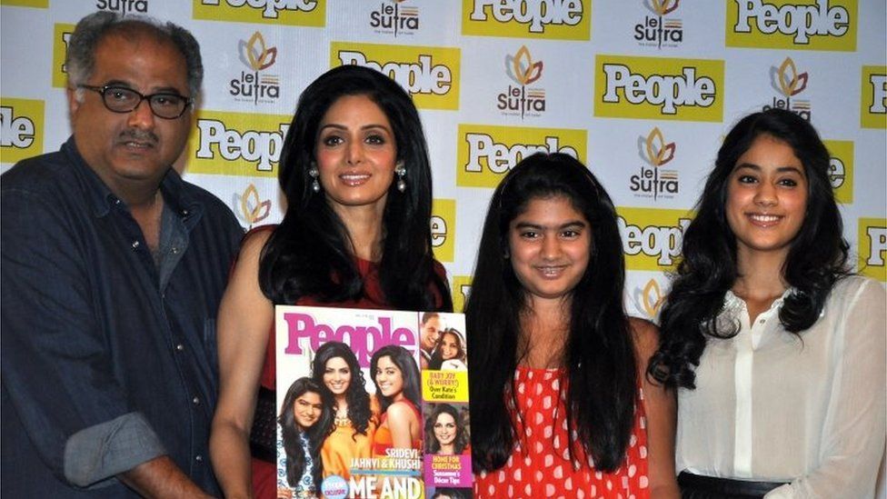 This file photo taken on December 17, 2012 shows Indian Bollywood actress Sridevi (2nd L) with her husband Boney Kapoor (L) and daughters Khushi (2nd R) and Jhanvi Kapoor (R)