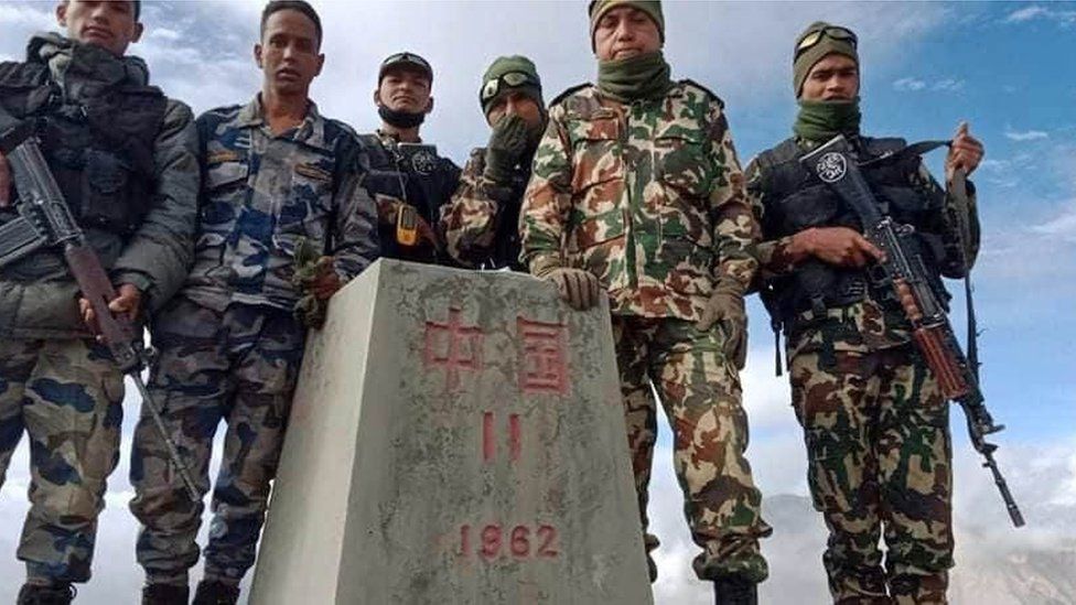 Nepalese security forces at a border pillar on a previous trip to the area (file photo)