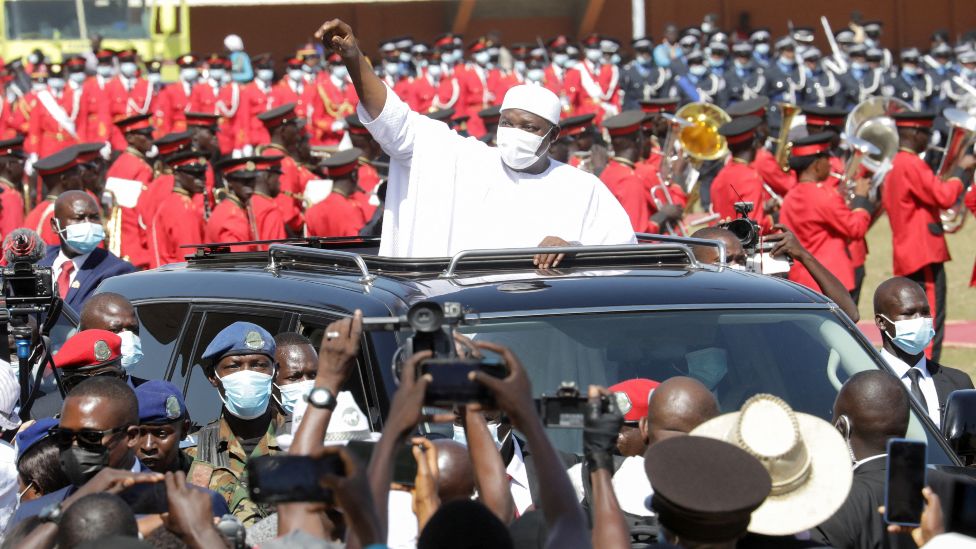 President Adama Barrow waving from a car at his inauguration ceremony in Banjul, The Gambia - Wednesday 19 January 2022