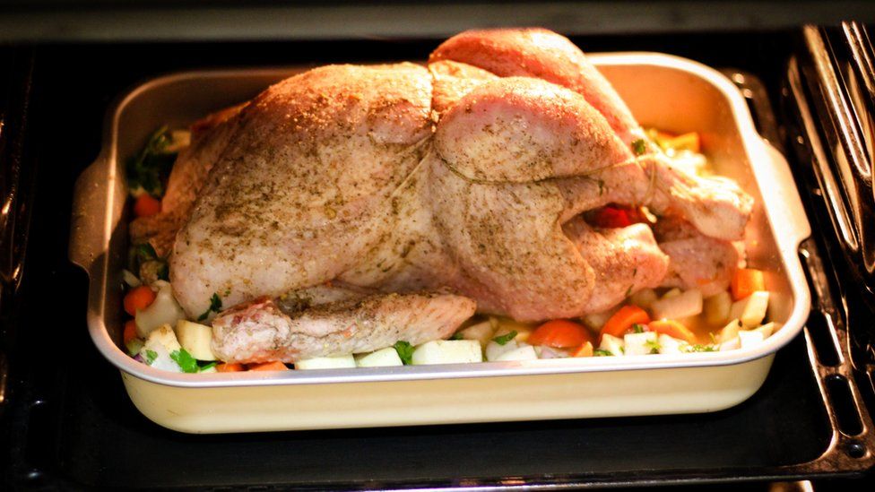 The Christmas turkey in the oven