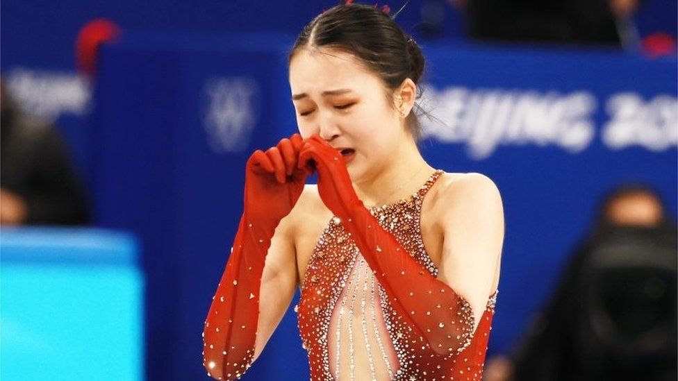 19-year-old Zhu Yi crying after the completion of her single free skate performance on Monday