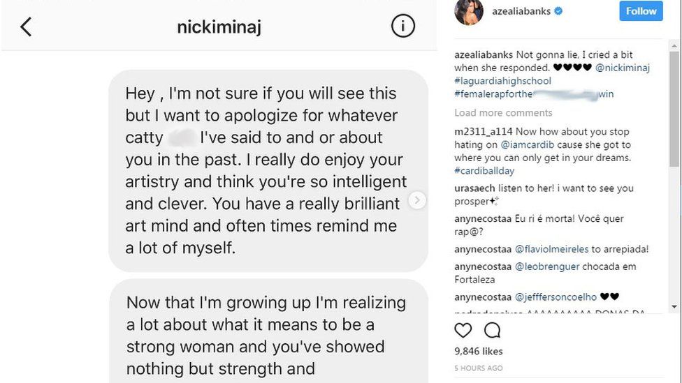 Screenshot of Azealia Banks text to Nicki Minaj