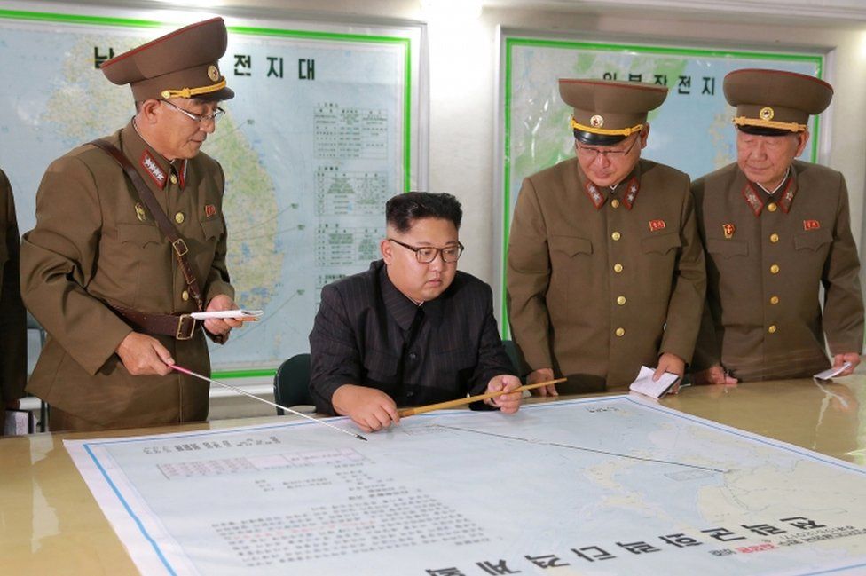 North Korean leader Kim Jong-un visits the Command of the Strategic Force of the Korean People's Army (KPA) in an unknown location in North Korea in this undated photo released by North Korea's Korean Central News Agency (KCNA) on 15 August 2017