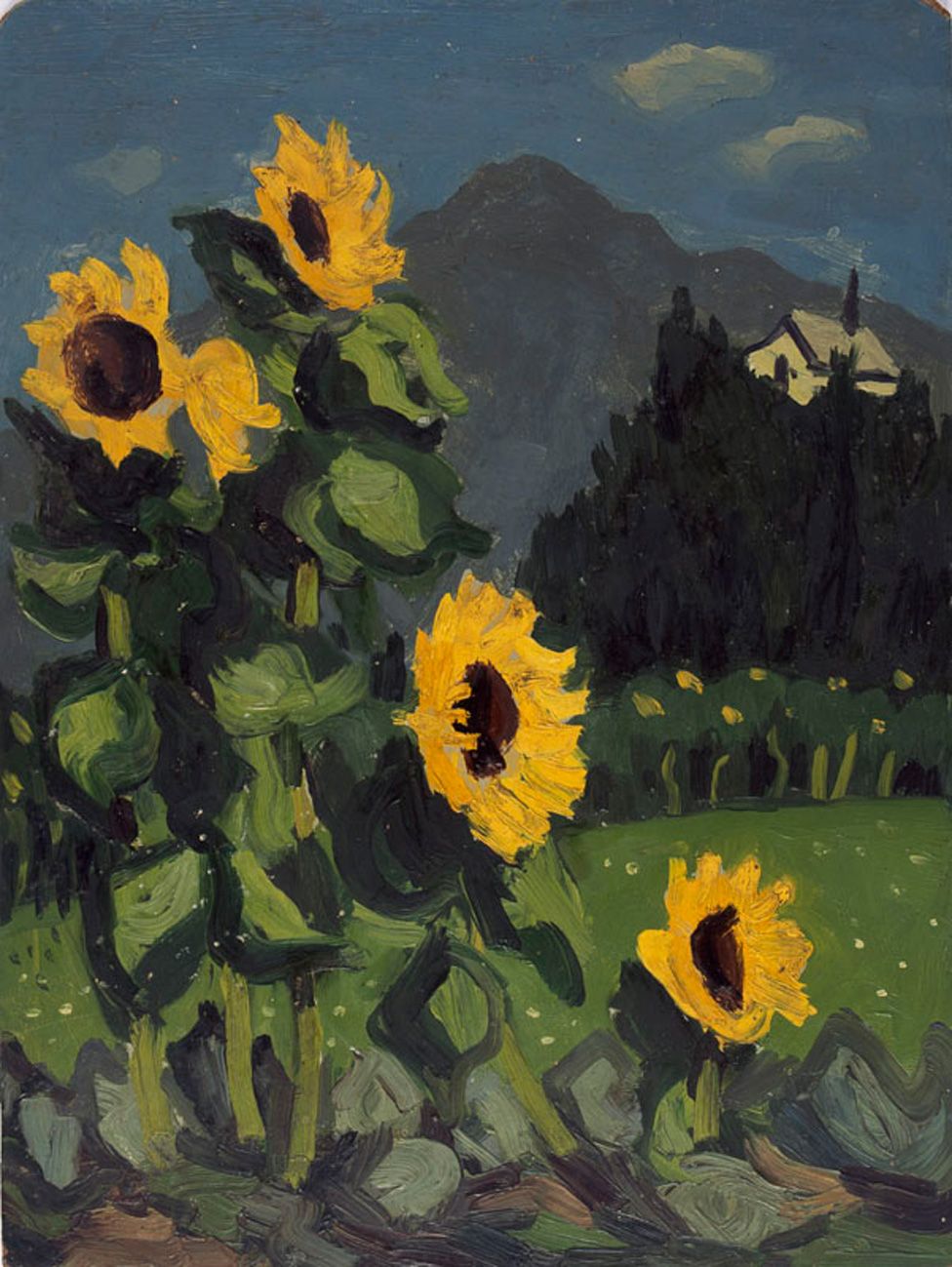 Sunflowers with mountains beyond