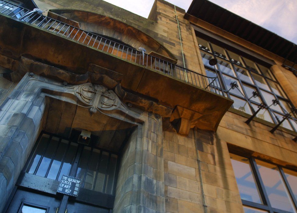 Abstract view of front door and Directors Balcony, Mackintosh