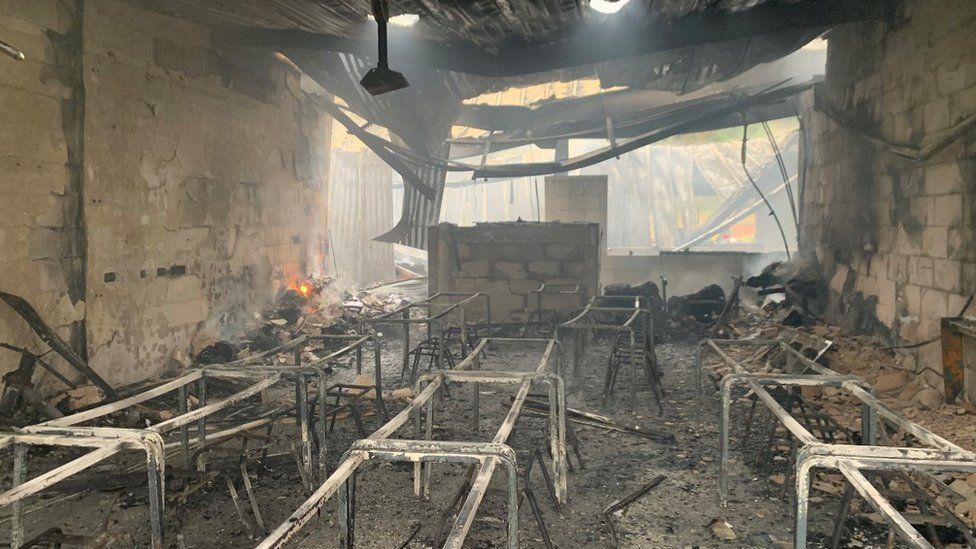 A fire damaged classroom